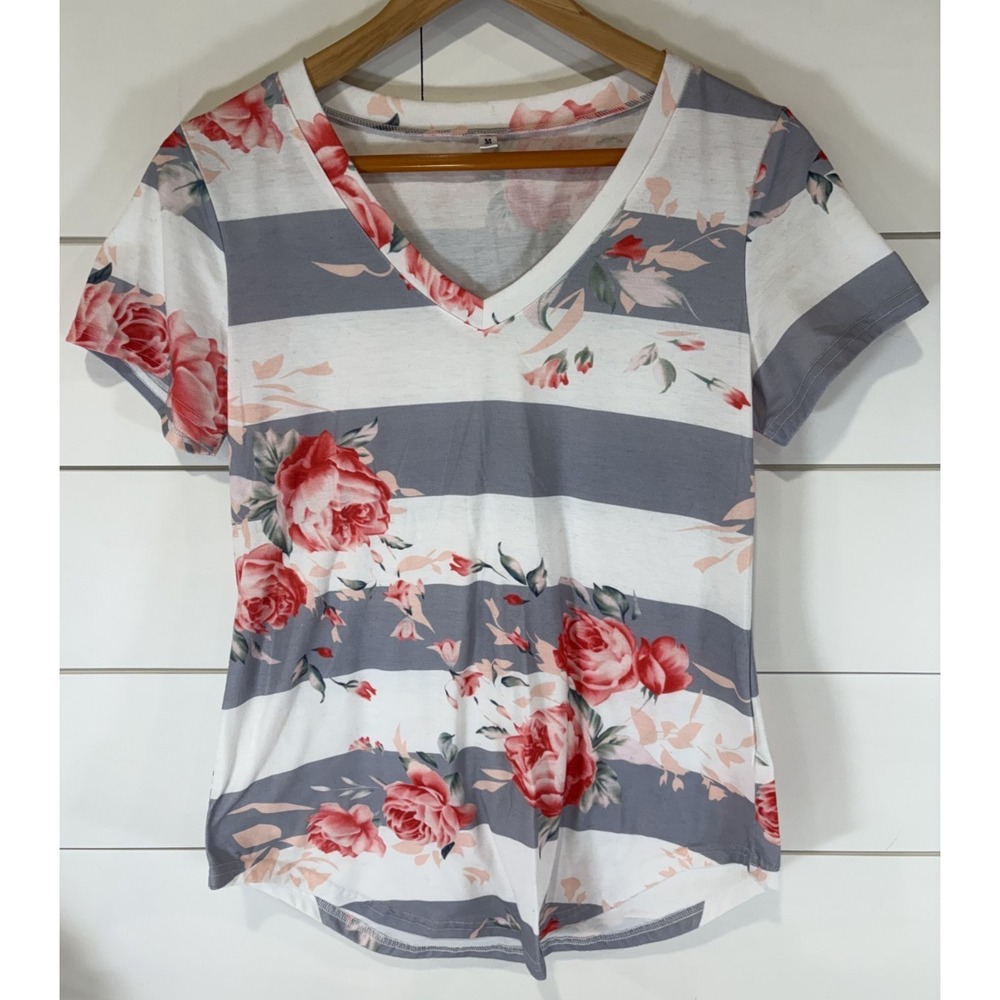 Women's White and Grey Striped Floral V Neck Short Sleeve Top Medium No Brand